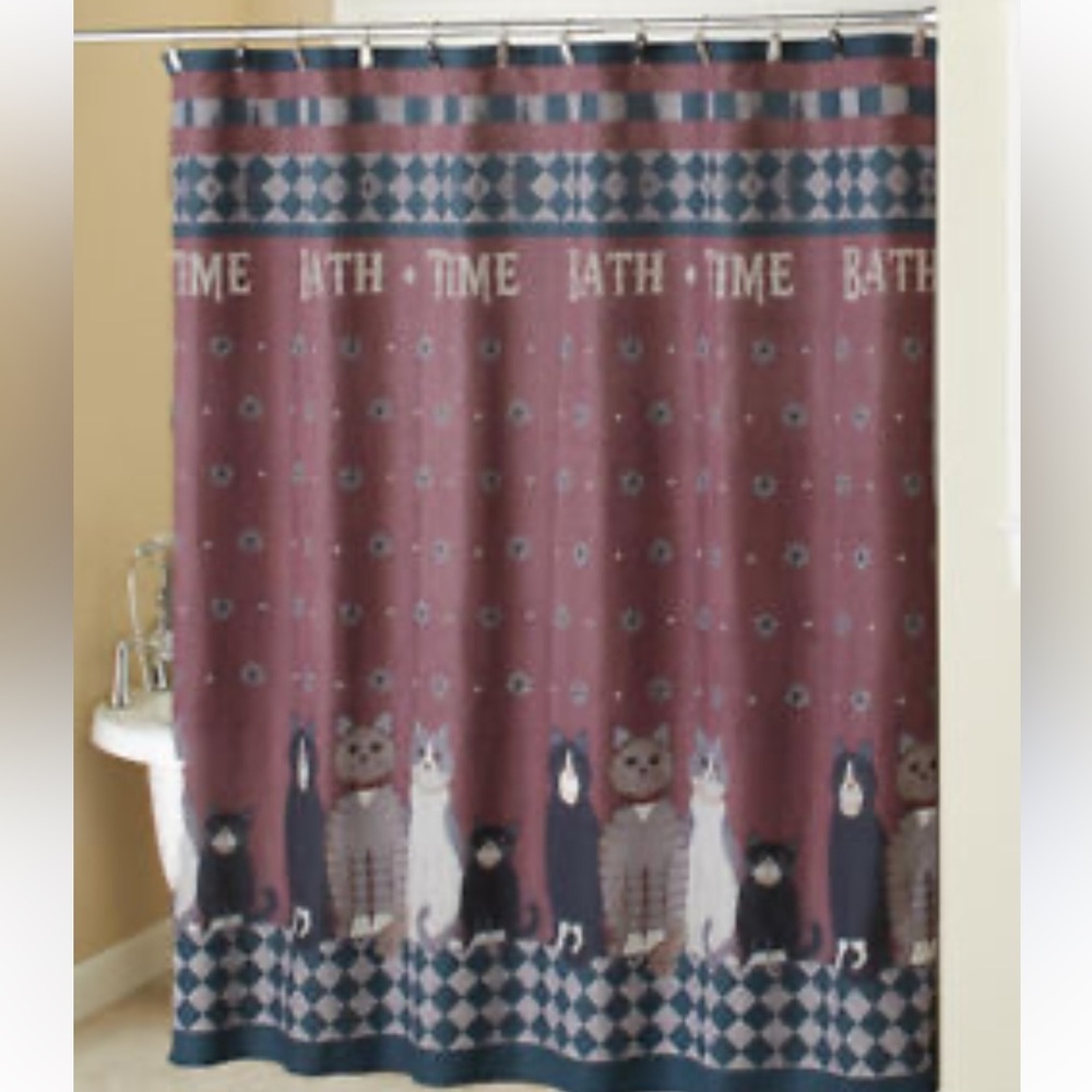 Cat-Themed Shower Curtain - Burgundy and Blue